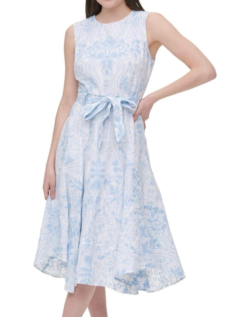 Calvin Klein White and Light Blue Floral Tie-Waist Midi Dress
